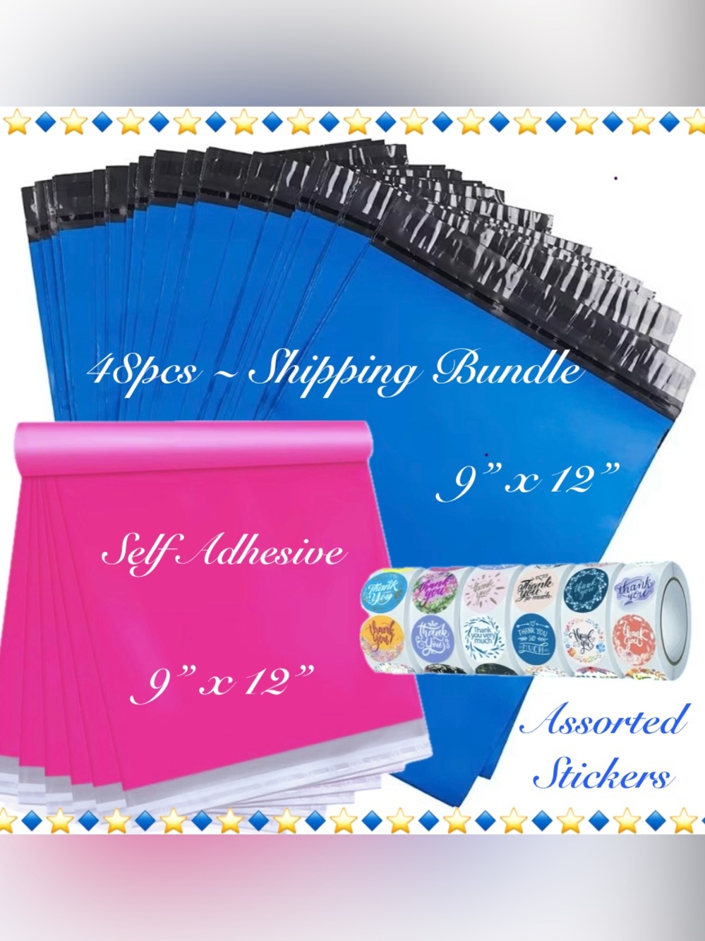 48pcs~Shipping Bag Bundle - Blue & Pink 9” x12” Bags w/Thank You Stickers ⭐️🆕⭐️